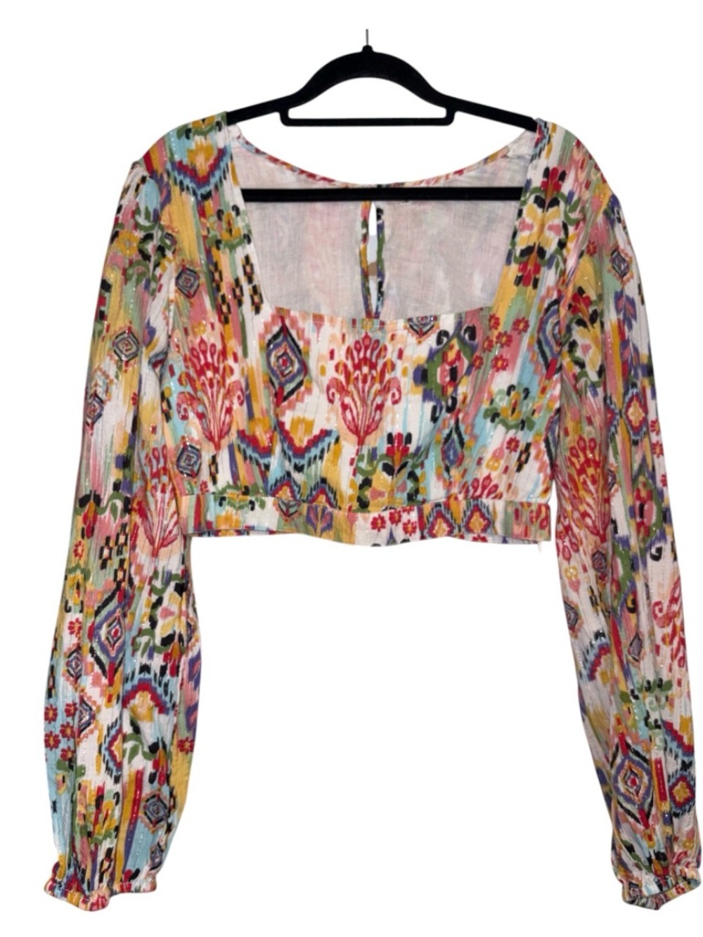 En Crême Boho Multicolor Printed Lined Gauzy Long-Sleeve Crop Top